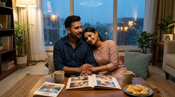 10th anniversary song for husband – Indian couple sharing a cozy rainy evening at home while looking through a photo album together