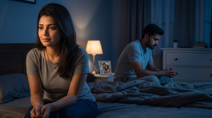 Love song for husband or wife – Indian couple sitting silently in the same bedroom, emotionally distant despite being together, reflecting on their changing relationship.