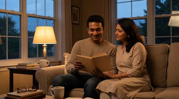 Love song for wife or husband – Indian husband and wife smiling while reading an old diary together in a warm, cozy home, celebrating years of companionship and shared memories.