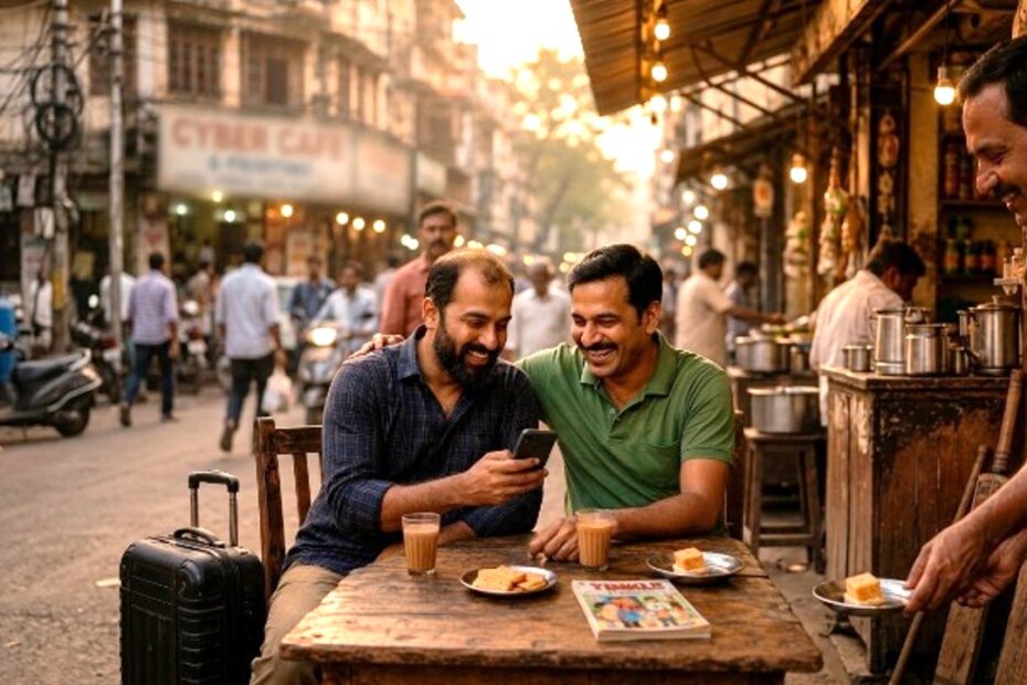 Personalized Birthday Song for Friend - Friends sitting at a roadside tea stall