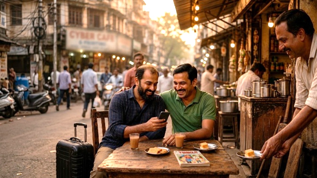 Personalized Birthday Song for Friend - Friends sitting at a roadside tea stall