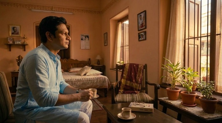 Romantic love song – Indian husband sitting alone with a cup of tea in a quiet home, reflecting on the absence of his life partner as warm sunlight streams through the window.