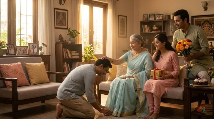 Birthday song for mother – Indian mother blessing her son on her birthday while family members celebrate with flowers, gifts, and love in their cozy home.