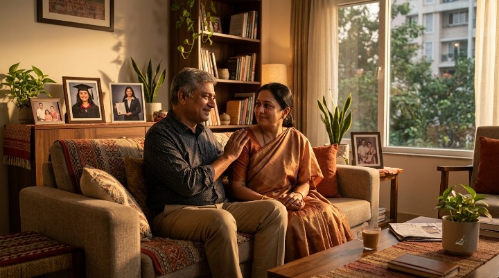 Parents blessing song for daughter – Proud Indian parents smiling with emotion while looking at their daughter's photograph at home, celebrating her independence and achievements.