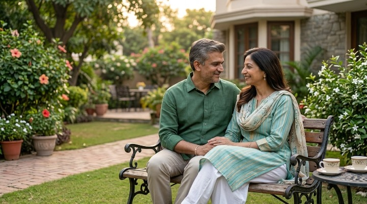 25th birthday song for wife – Indian couple sharing a quiet moment in their home garden, reflecting 25 years of lifelong love, companionship, and cherished memories.