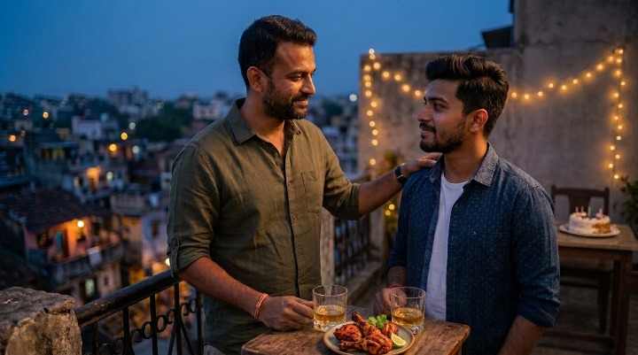 Birthday ghazal for brother – Two Indian brothers sharing tea on a rooftop after a birthday celebration, reflecting a lifelong bond of respect, guidance, and family love.