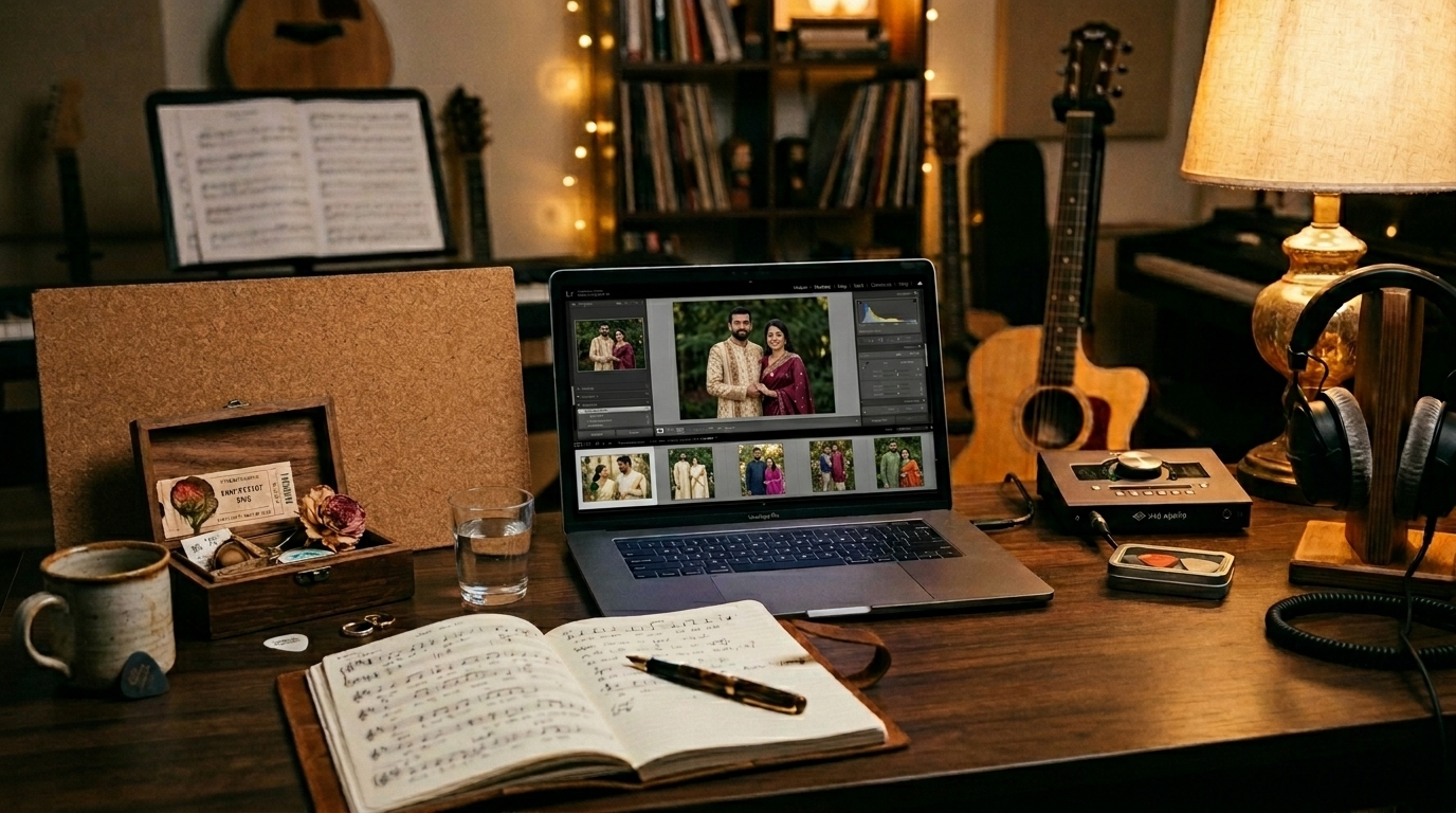 Creative workspace where a personalised song video is crafted using family memories, lyrics and music.