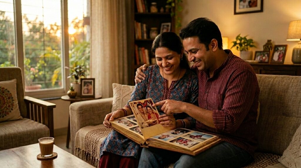 Anniversary gift for husband idea – husband and wife looking through their wedding photo album
