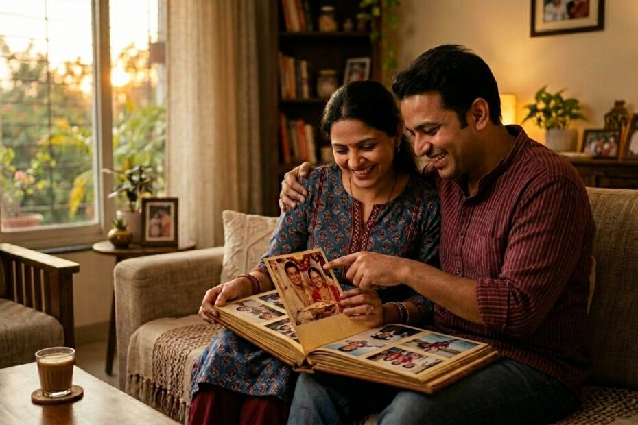 Anniversary gift for husband idea – husband and wife looking through their wedding photo album