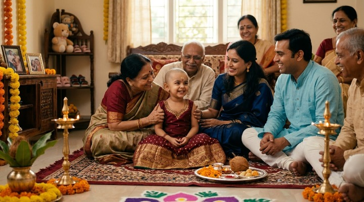 Personalized Mundan Song for little girl during a traditional Indian Mundan ceremony surrounded by parents and grandparents giving their blessings.