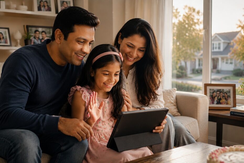 Personalized birthday song for kids – Young Indian girl dreaming about her family across India and the USA, celebrating love, memories, and togetherness beyond distance.