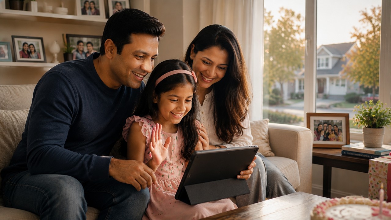 Personalized birthday song for kids – Young Indian girl dreaming about her family across India and the USA, celebrating love, memories, and togetherness beyond distance.
