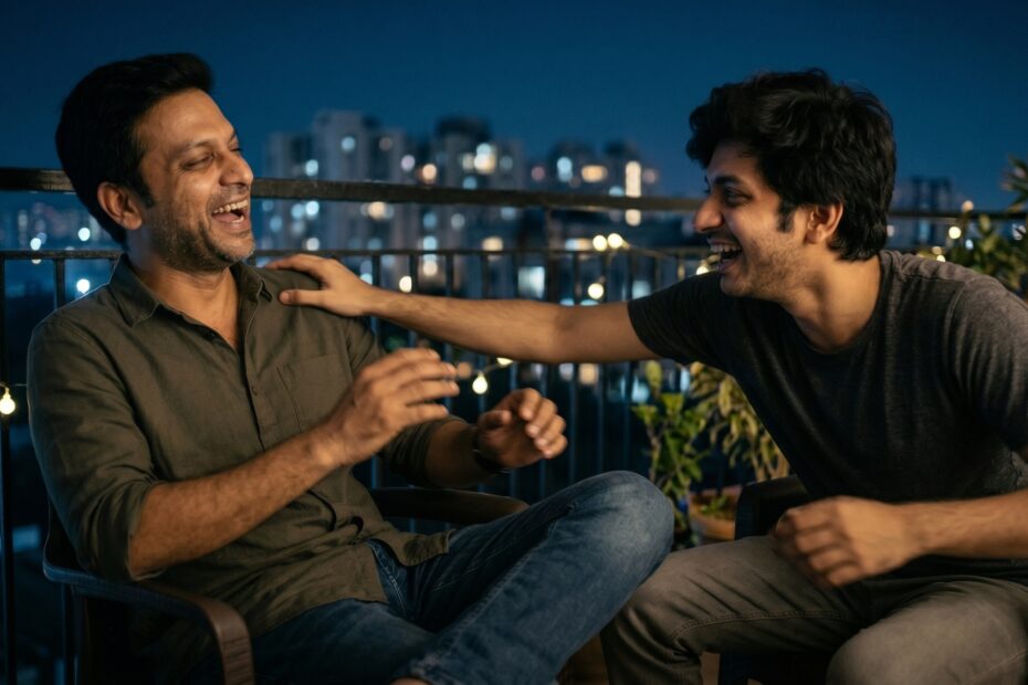 Personalized brother song – Two Indian brothers laughing together on a rooftop terrace after work, celebrating lifelong friendship, childhood memories, and unwavering support.