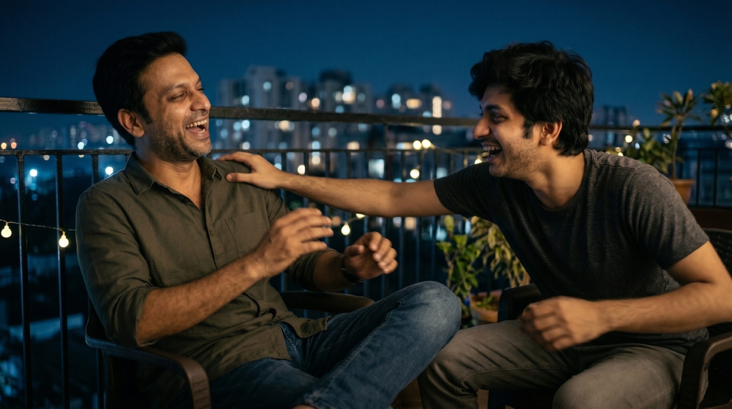 Personalized brother song – Two Indian brothers laughing together on a rooftop terrace after work, celebrating lifelong friendship, childhood memories, and unwavering support.
