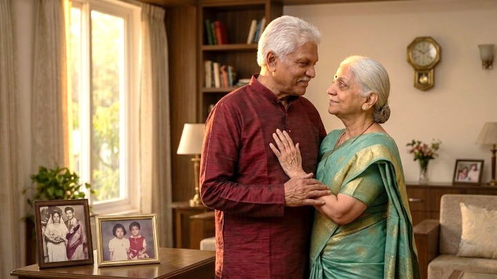 50th anniversary song for parents featuring an elderly Indian couple sharing a quiet moment in their family home, surrounded by photographs that reflect fifty years of love, family, and togetherness.
