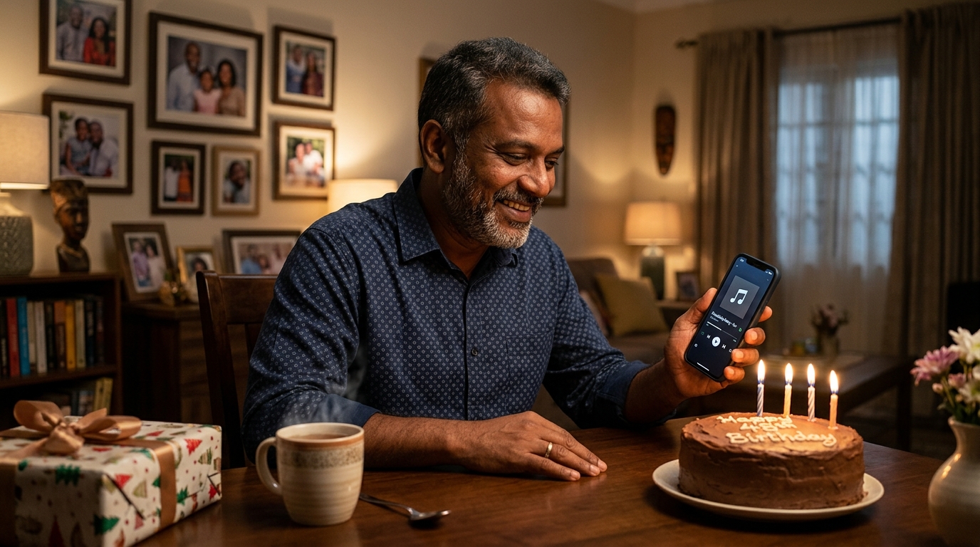 A childhood friend celebrating his birthday after receiving a personalized birthday song from India.