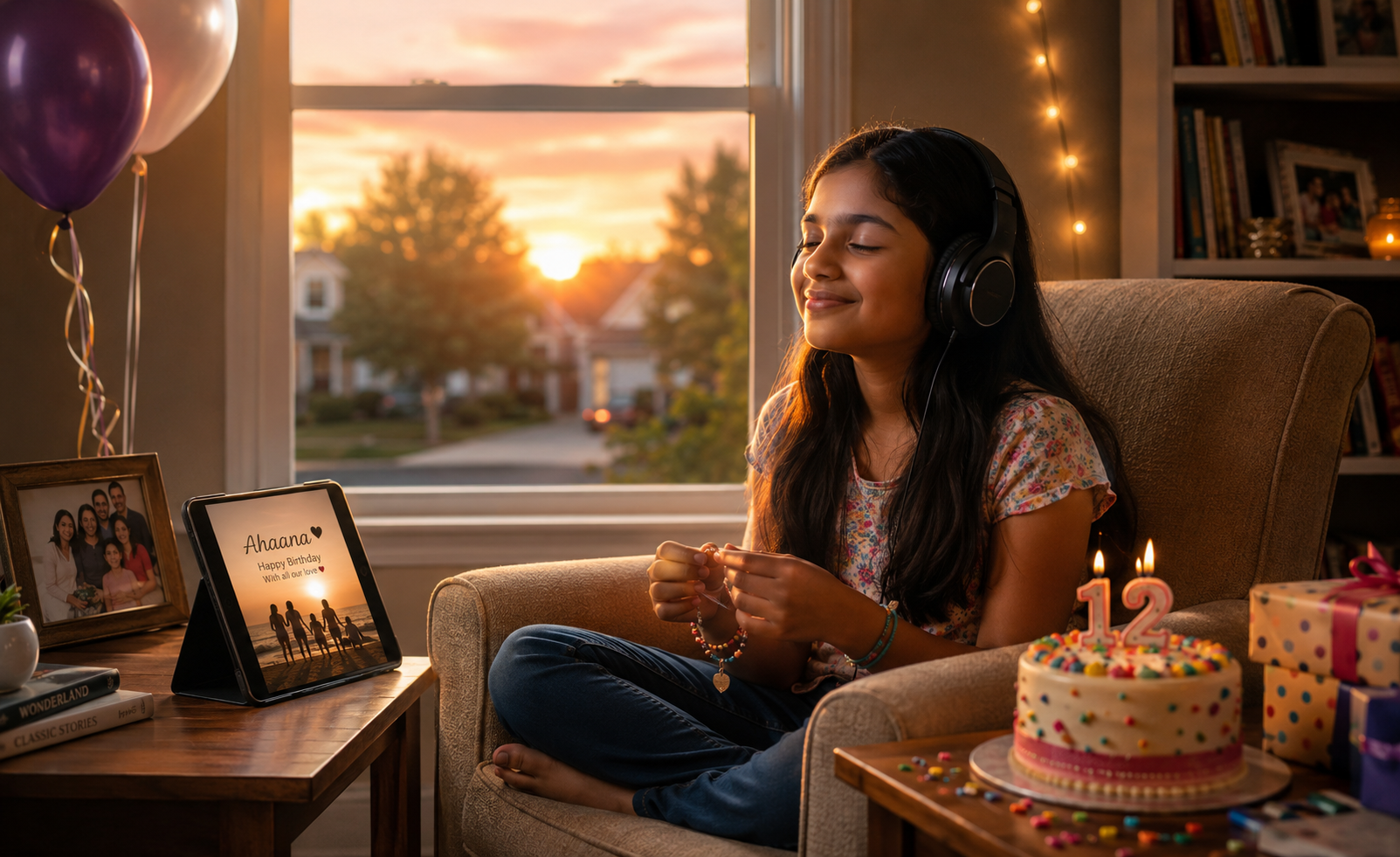 Birthday gift for niece – young girl listening to her personalised birthday song in the USA