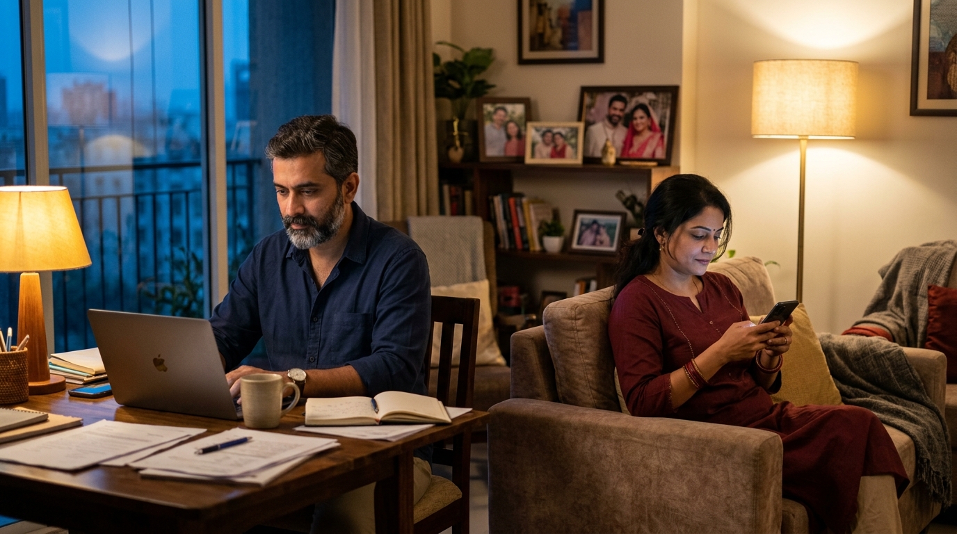 Emotional Distance in Marriage – husband and wife sitting together yet feeling emotionally distant beneath the weight of everyday life