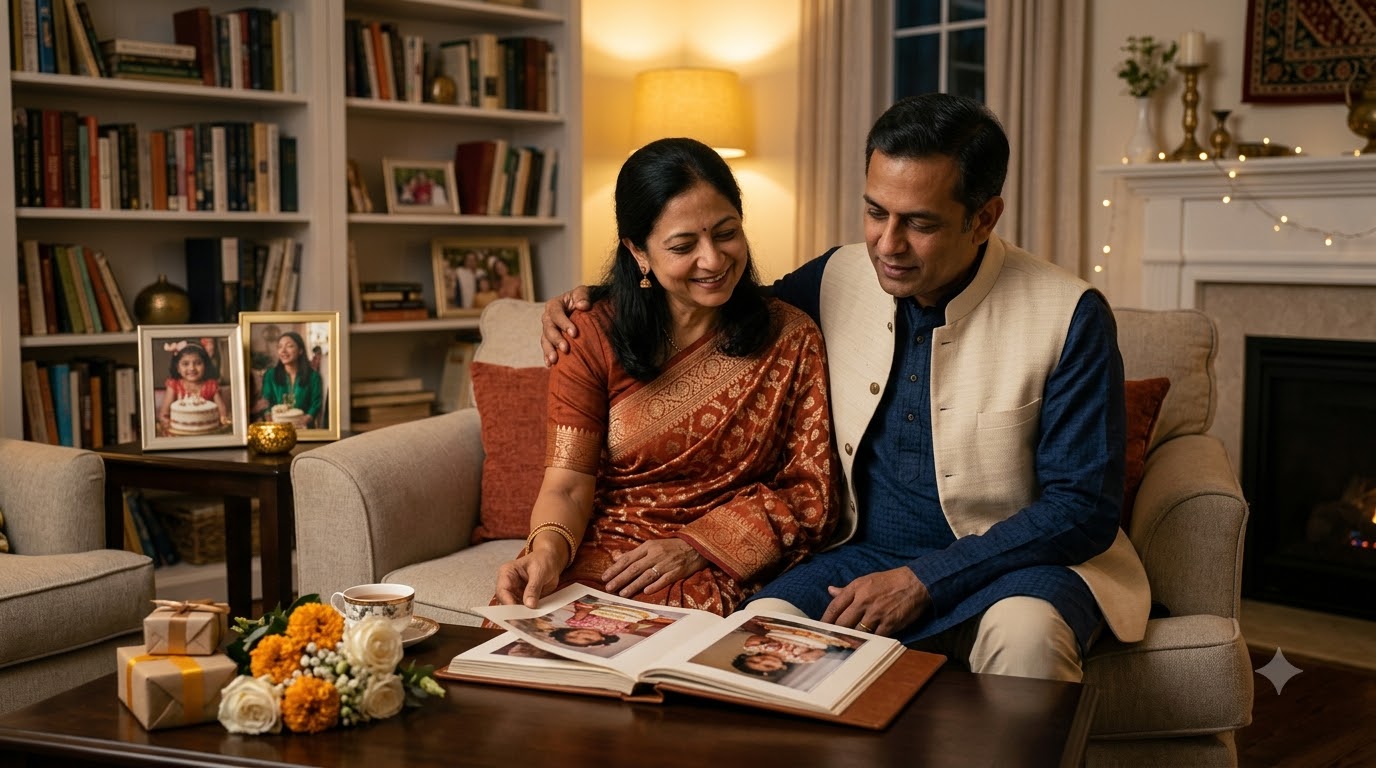 Indian parents sharing a quiet moment of reflection after their daughter's birthday, inspired by a custom song for daughter celebrating love and growing dreams.