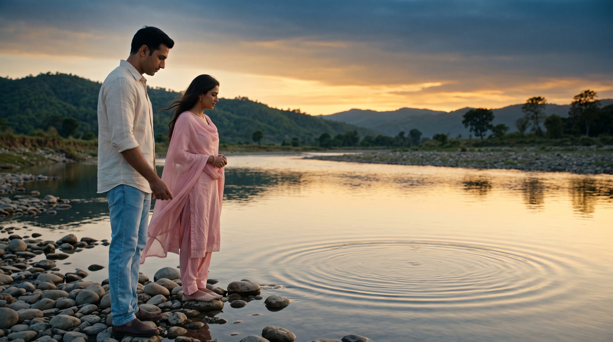 Couple by a calm riverside reflecting on love – personalised love song
