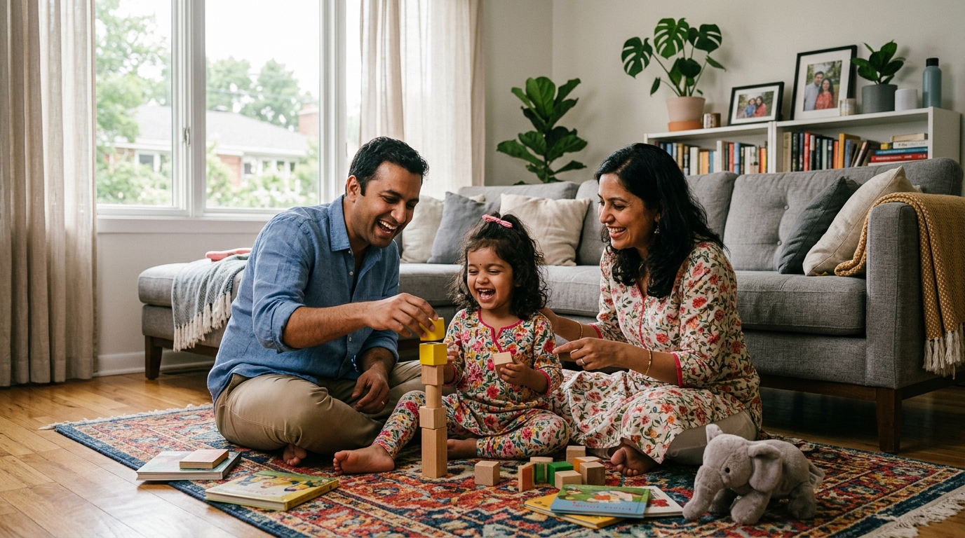 Parents playing with their three-year-old daughter – personalized mundan song memories