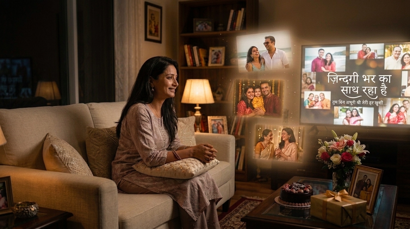 Personalised Song Video showing a woman watching a custom song video created from her family's memories