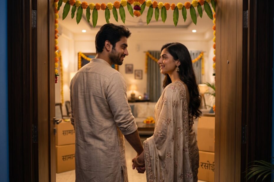 Personalized housewarming song for a couple holding hands as they step into their newly decorated home during a traditional Indian housewarming celebration.