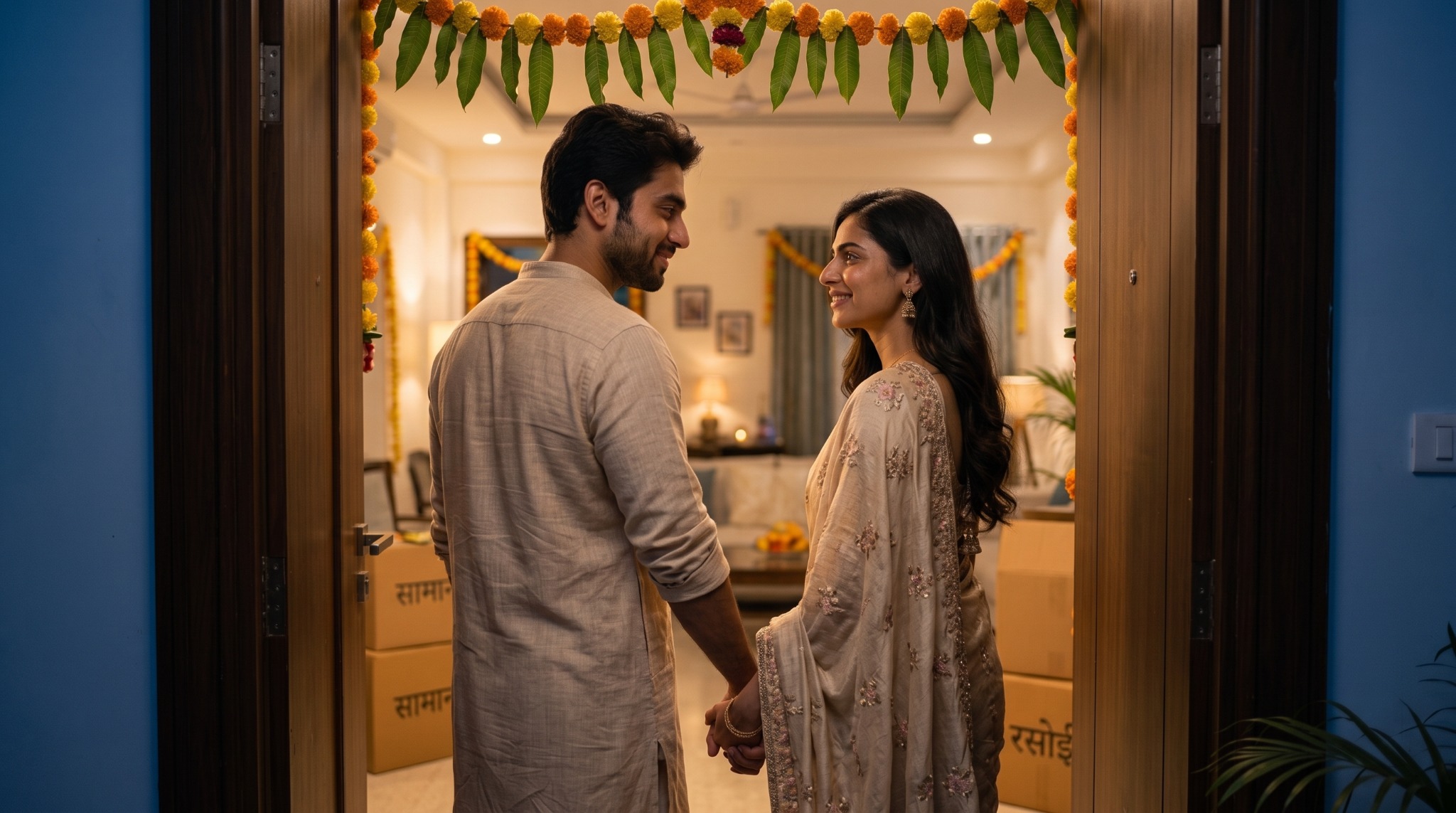Personalized housewarming song for a couple holding hands as they step into their newly decorated home during a traditional Indian housewarming celebration.